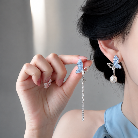 Sapphire Butterfly Tassel Drop Earrings