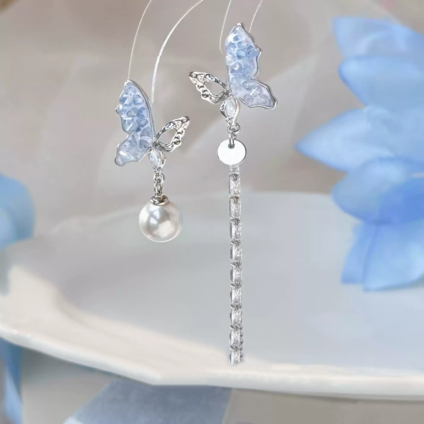 Sapphire Butterfly Tassel Drop Earrings