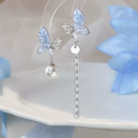 Sapphire Butterfly Tassel Drop Earrings